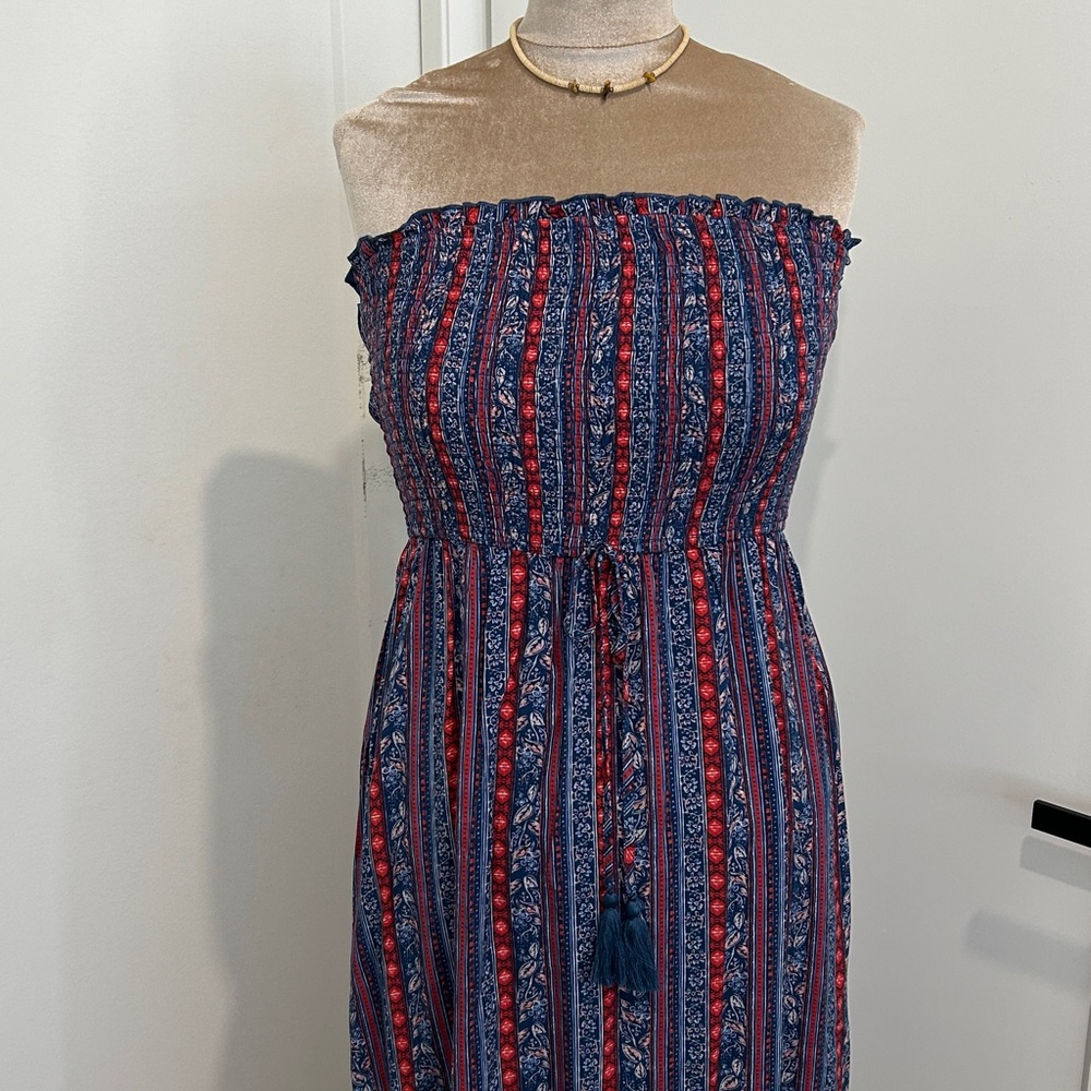 Band of Gypsies Bohemian Vibes Red and Blue Strapless Maxi Dress |Size Medium - Picture 4 of 12